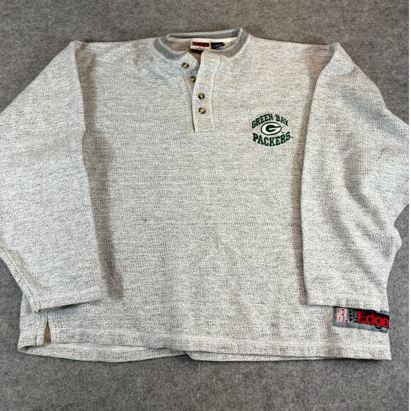 VINTAGE NFL Green Bay Packers Henley Shirt Mens Large Gray The Edge Waffle Knit - Picture 1 of 4
